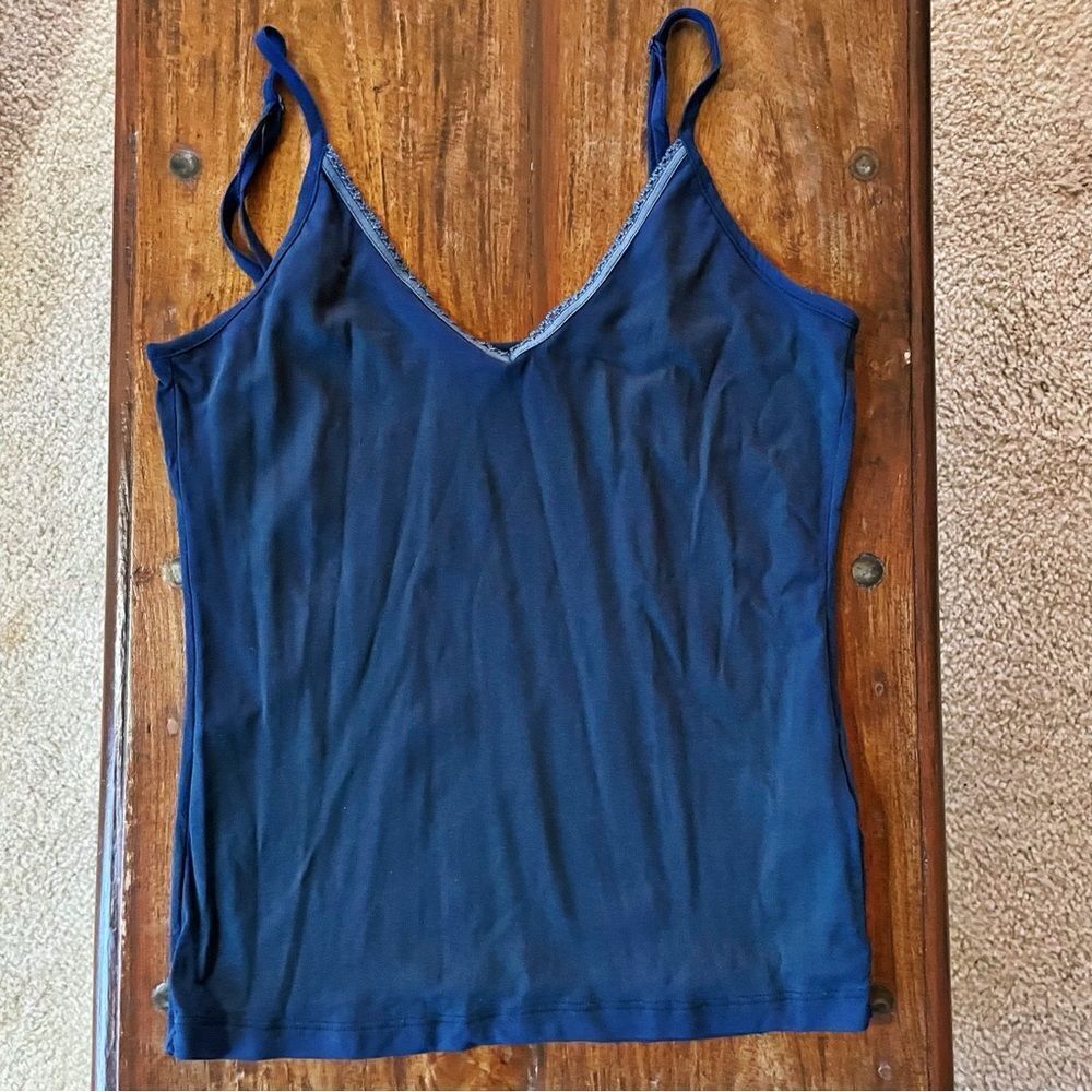 Oui Women’s Blue Tank Top/ Camisole V Neck Lace Sheer Back Size 6